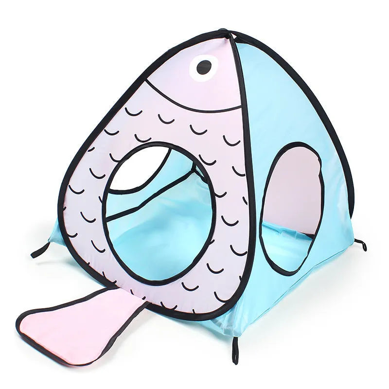 Foldable cat tent tunnel with fish pattern fabric collapsed for storage