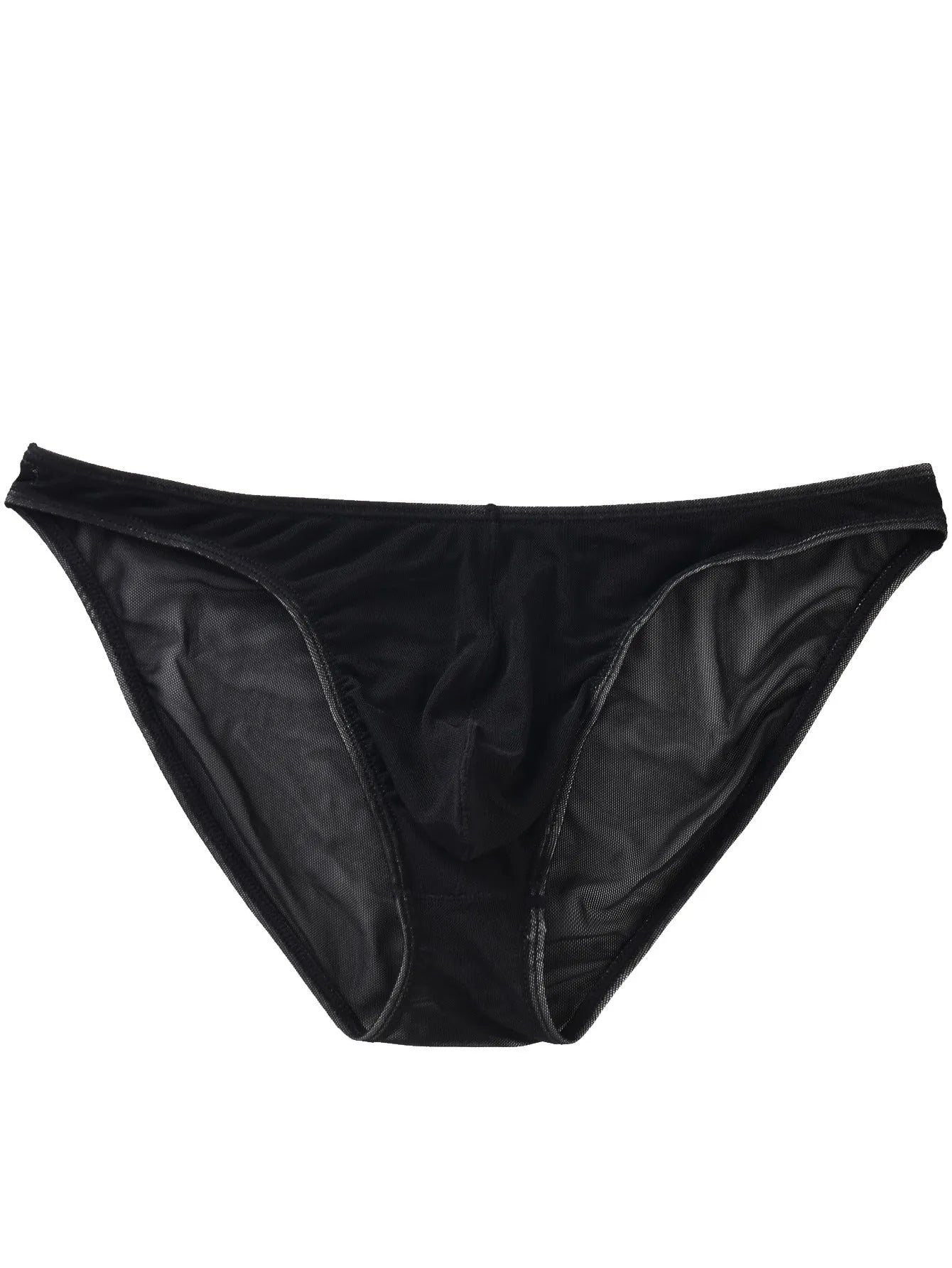 Men's black nylon triangle briefs laid flat, showing mid to low waist design and knitted fabric texture.