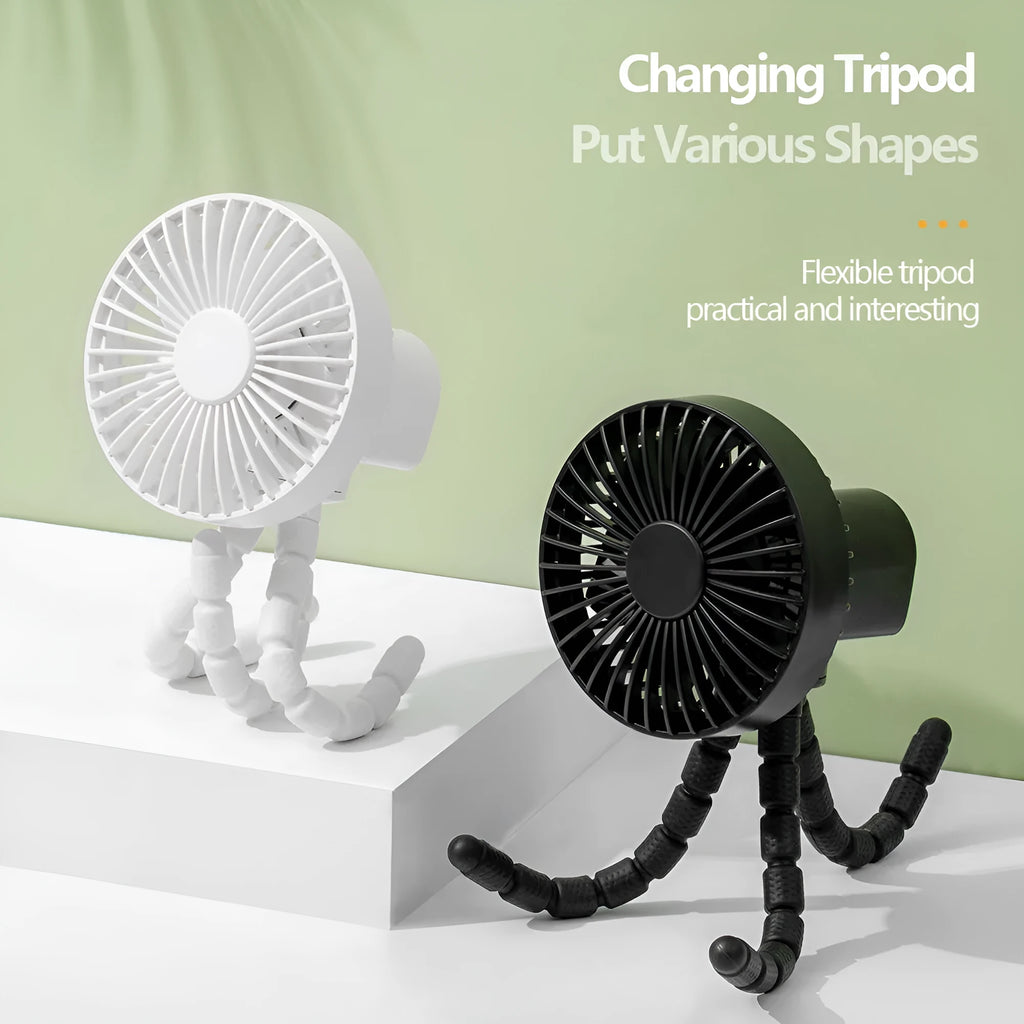 Small adjustable tripod desk fan with a bending head, shown in black, green, pink, or white.