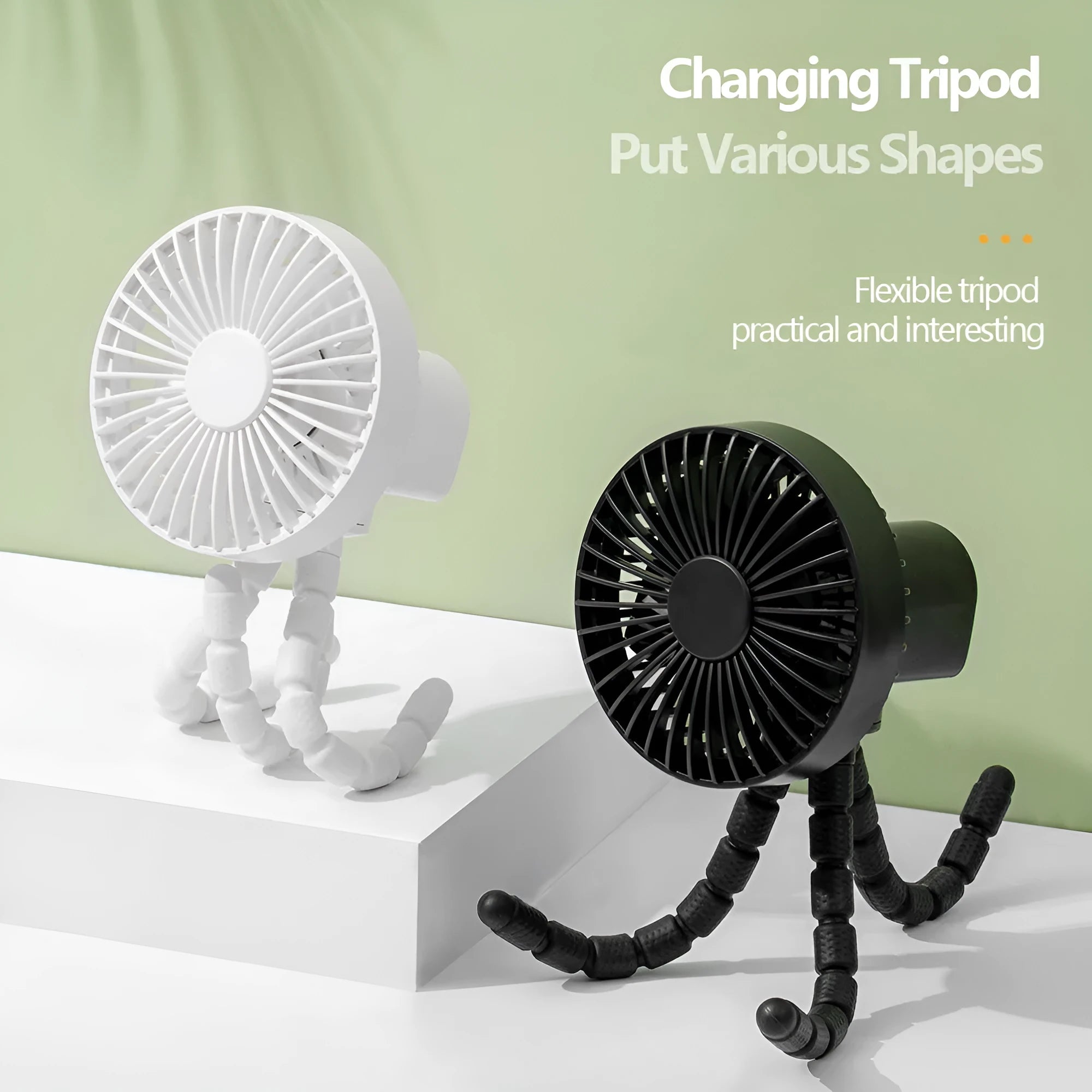 Small adjustable tripod desk fan with a bending head, shown in black, green, pink, or white.