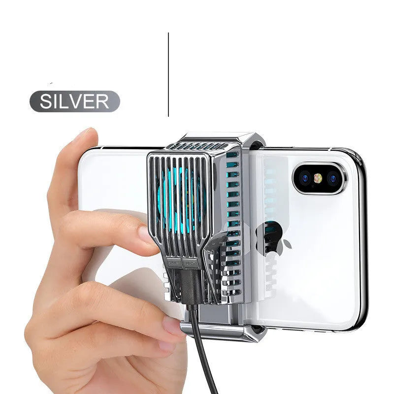 Black mobile phone radiator with ceramic cooling panel attached to smartphone