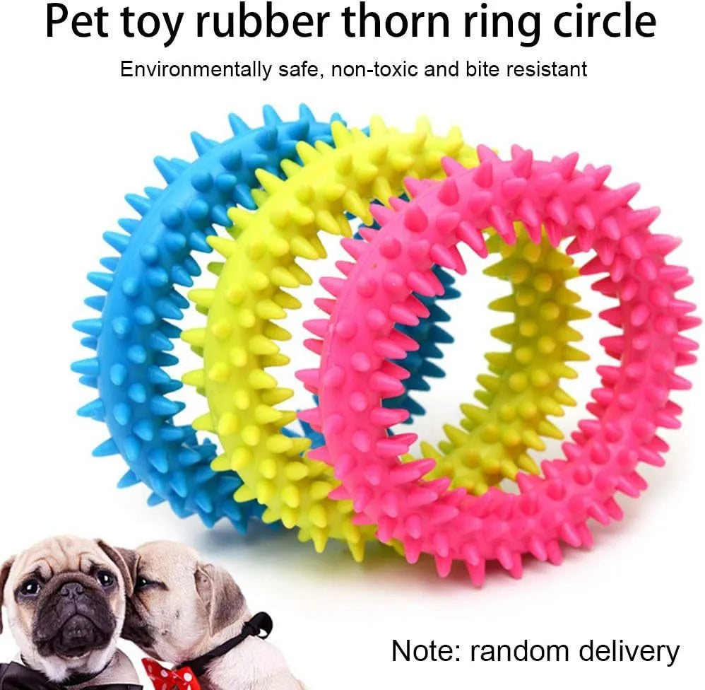 Blue TPR spiky circle ring dog chew toy for dental cleaning and bite training.