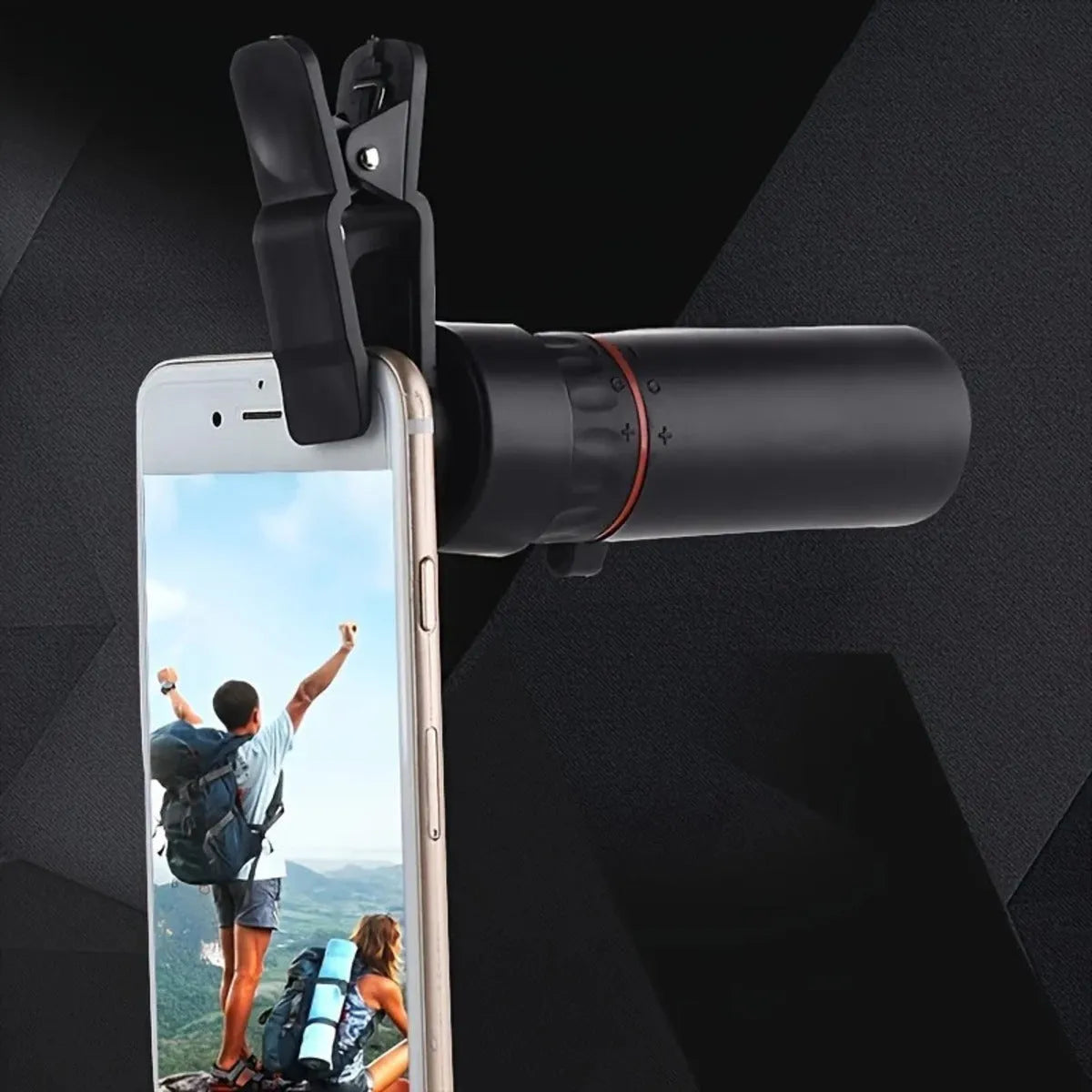 2000x25 HD monocular telescope with rubber exterior and holder on black background