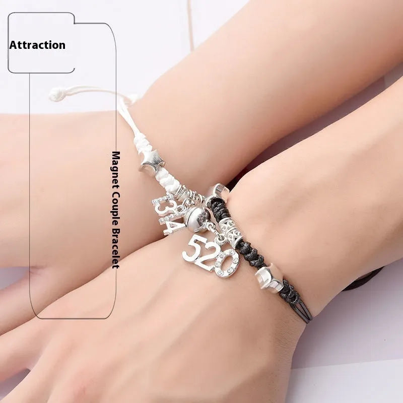 Magnetic couple bracelet pair with alloy electroplating in various designs including clover and crown patterns