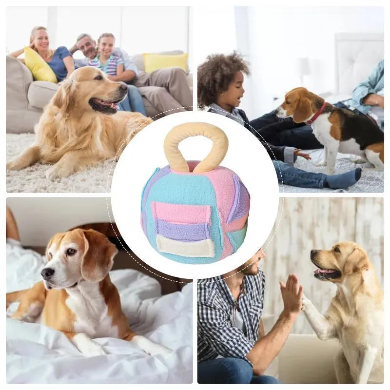 Polyester plush squeaky dog ball toy with treat pockets in pink or green colour for small medium dogs