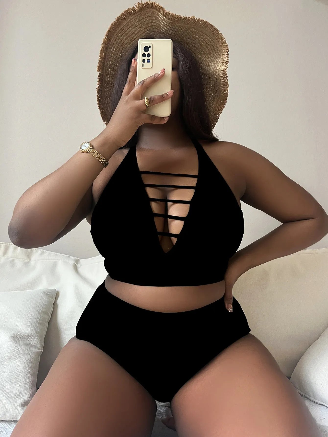 Plus size high waist halter bikini set in solid color with adjustable cross straps and backless design