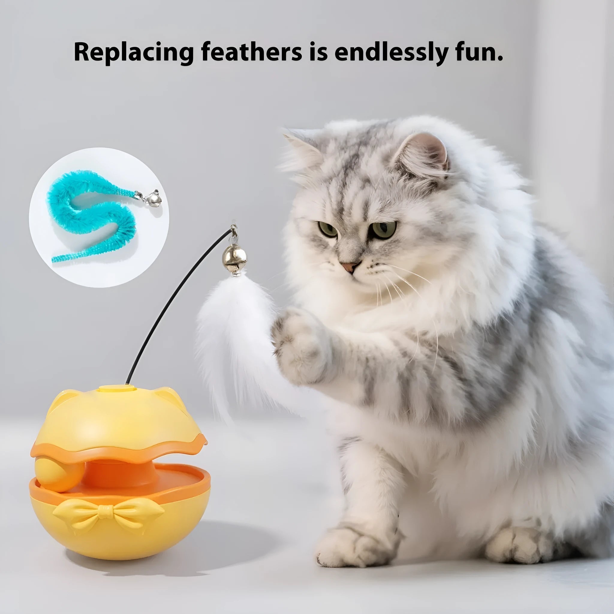 Electric cat teasing stick with self-tumbling action and LED light in plastic construction
