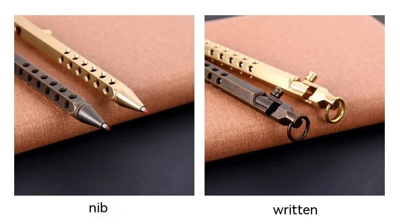 Brass hexagonal roller pen with 0.5mm tip showing six flat sides and retro design