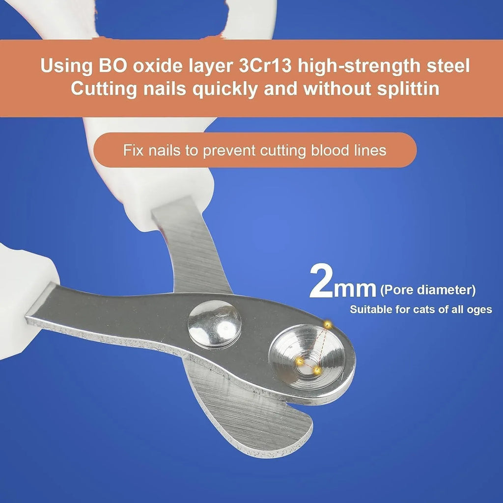 Blue cat nail clippers with circular safety hole and cushioned non-slip handle.