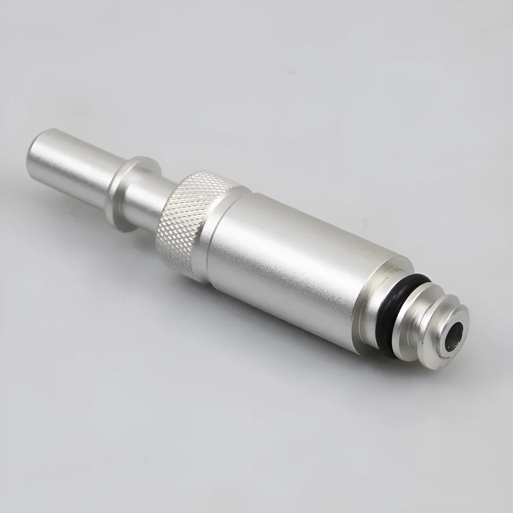 Silver metal VAS6262-9 transmission oil refueling joint adapter tool on a white background.