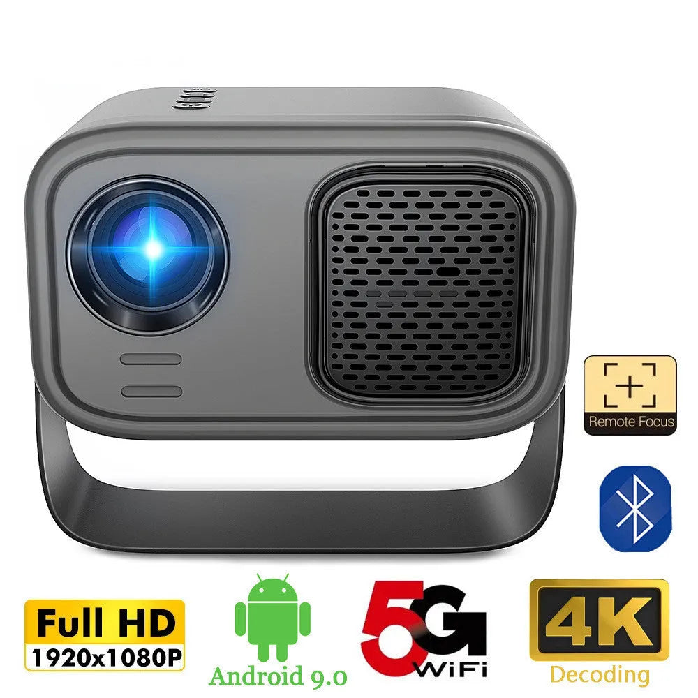 Black HD smart portable projector with remote control and multiple plug formats