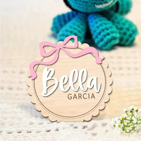 Square wooden baby room ornament customised with a name in two size options