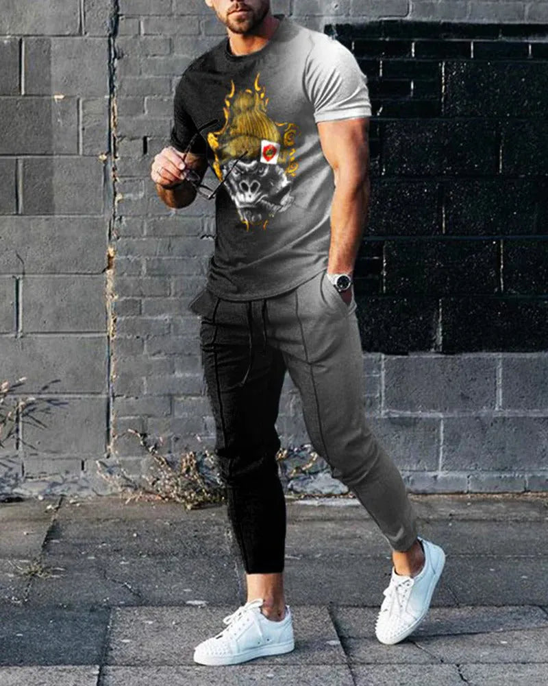 Men's short-sleeved printed pullover and matching trousers set on a neutral background
