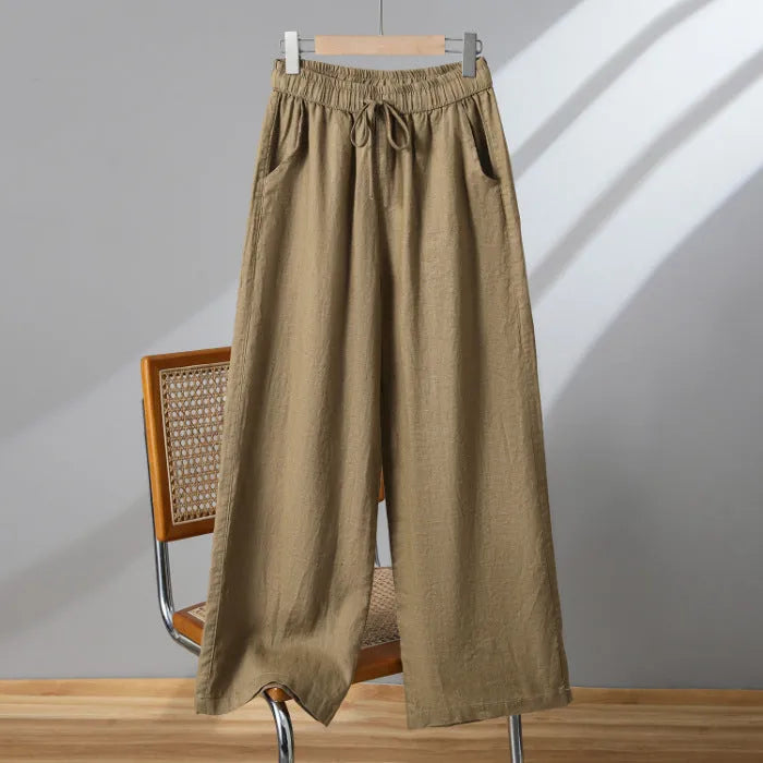 Women's straight-leg casual pants with elastic drawstring waist in apricot colour