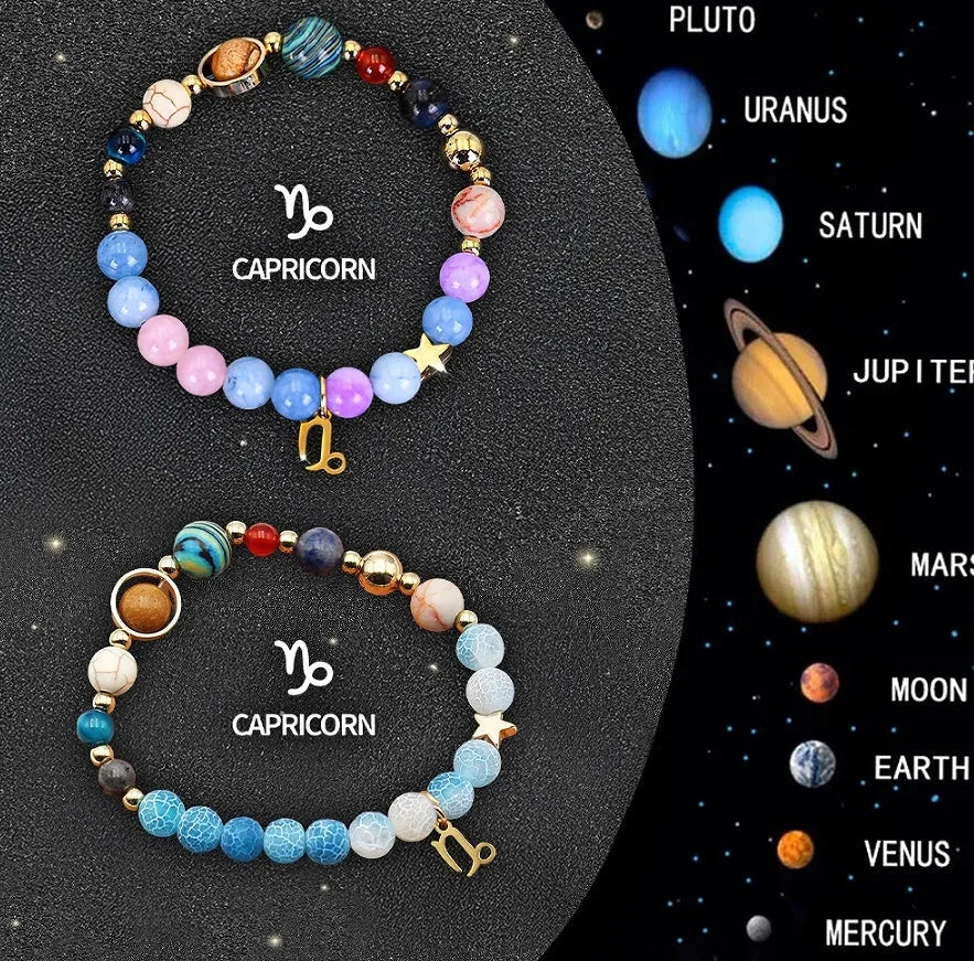 Set of two natural stone beaded bracelets for zodiac signs on adjustable elastic strings.