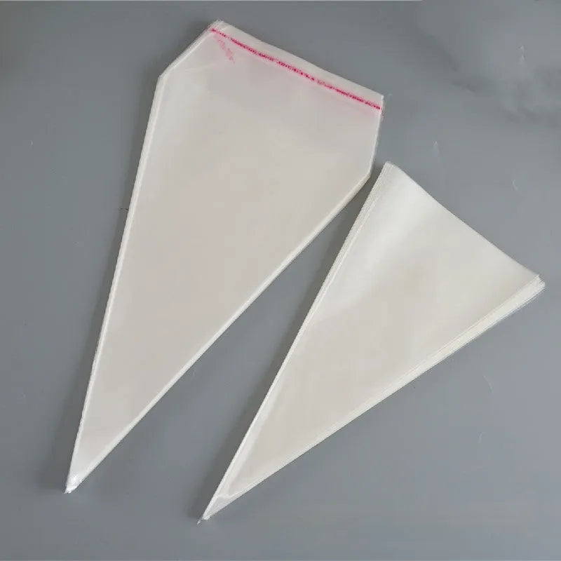 Clear plastic triangle-shaped bag with a twisted metal tie wire closure.