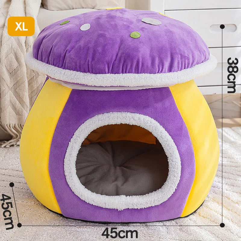 Purple mushroom-shaped plush cat bed for small pets on a grey background.