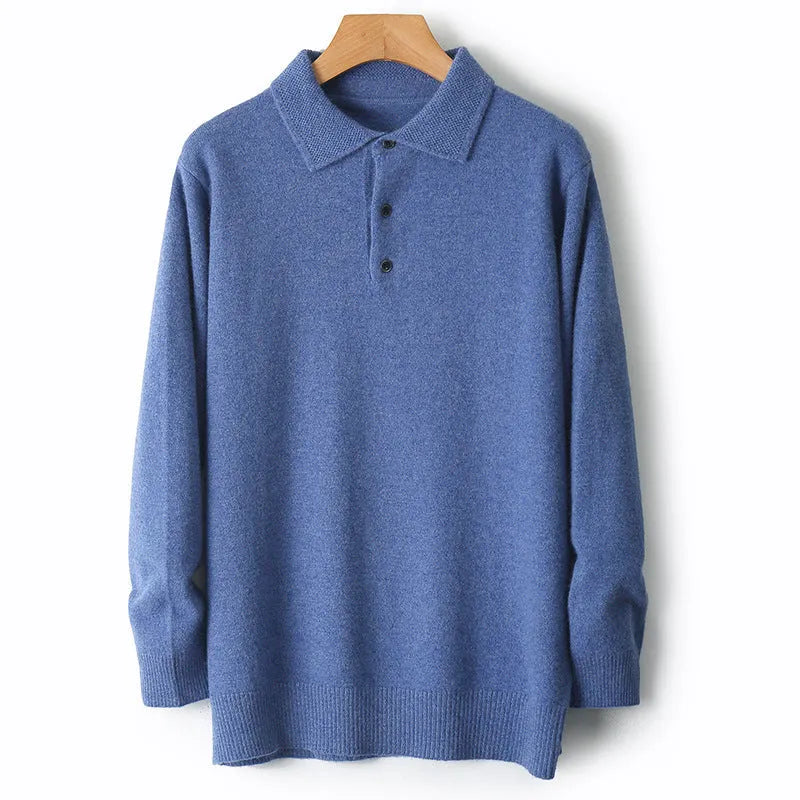 Men's woolen polo collar pullover sweater in noble blue colour on a hanger.