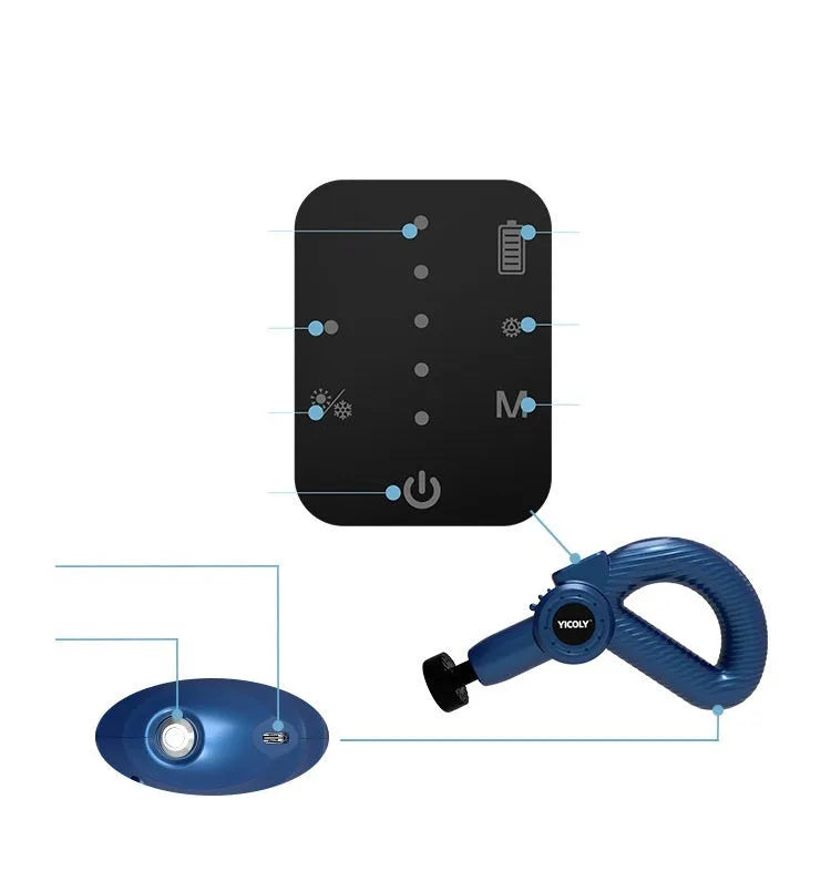 Black smart muscle massage gun with multiple attachable heads on a table