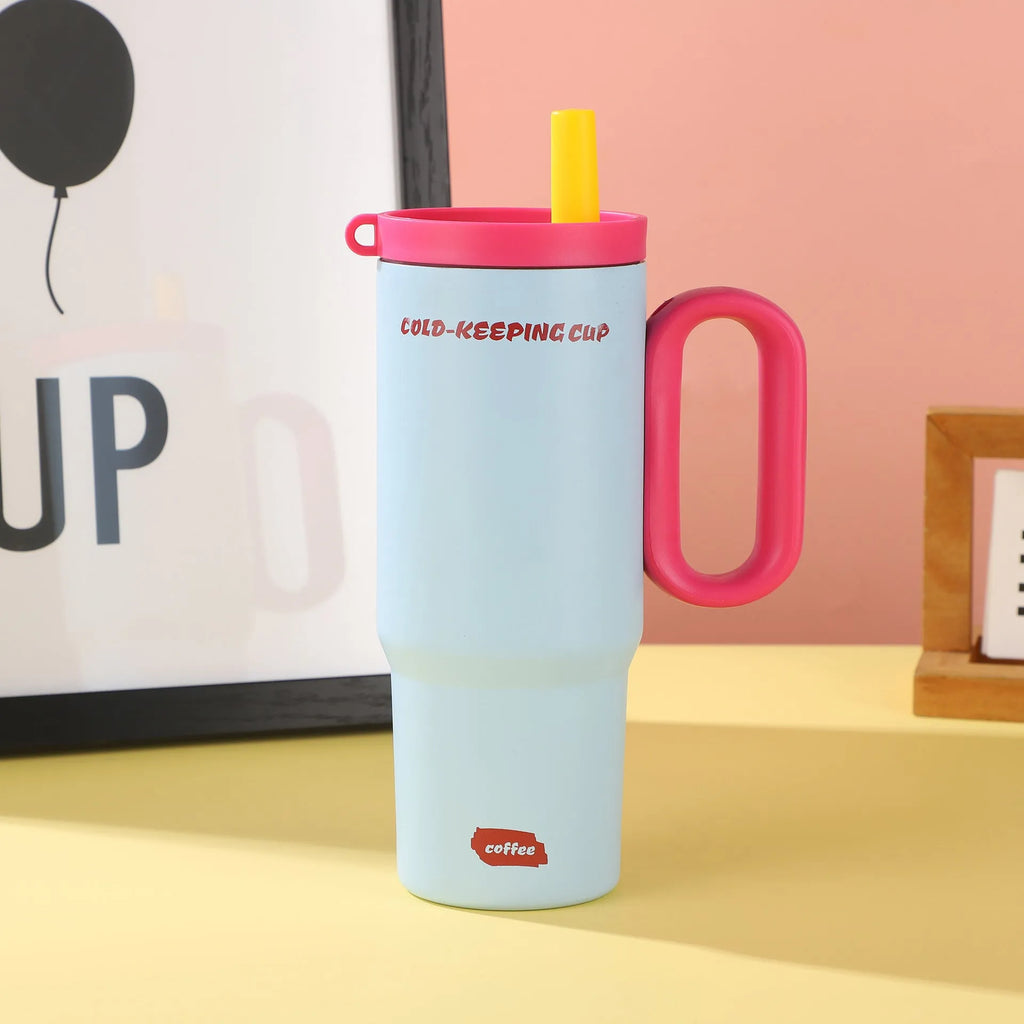 Large capacity insulated straw cup with handle in choice of five colours showing vacuum insulation technology