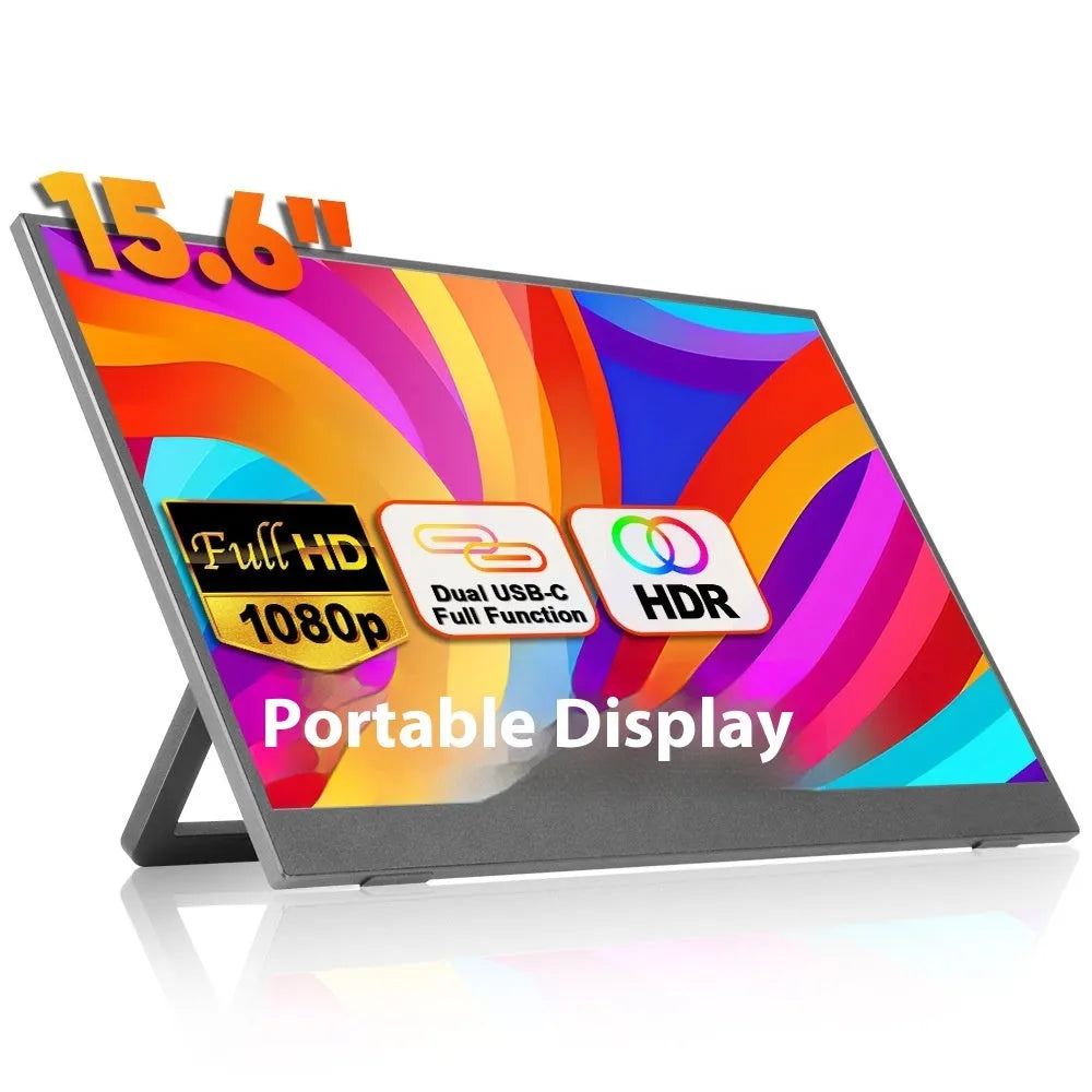 Black 15.6-inch portable computer monitor with adjustable stand on desk next to laptop