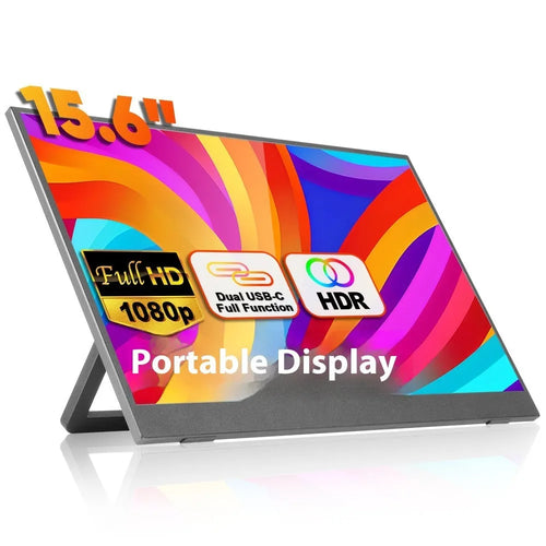 Black 15.6-inch portable computer monitor with adjustable stand on desk next to laptop