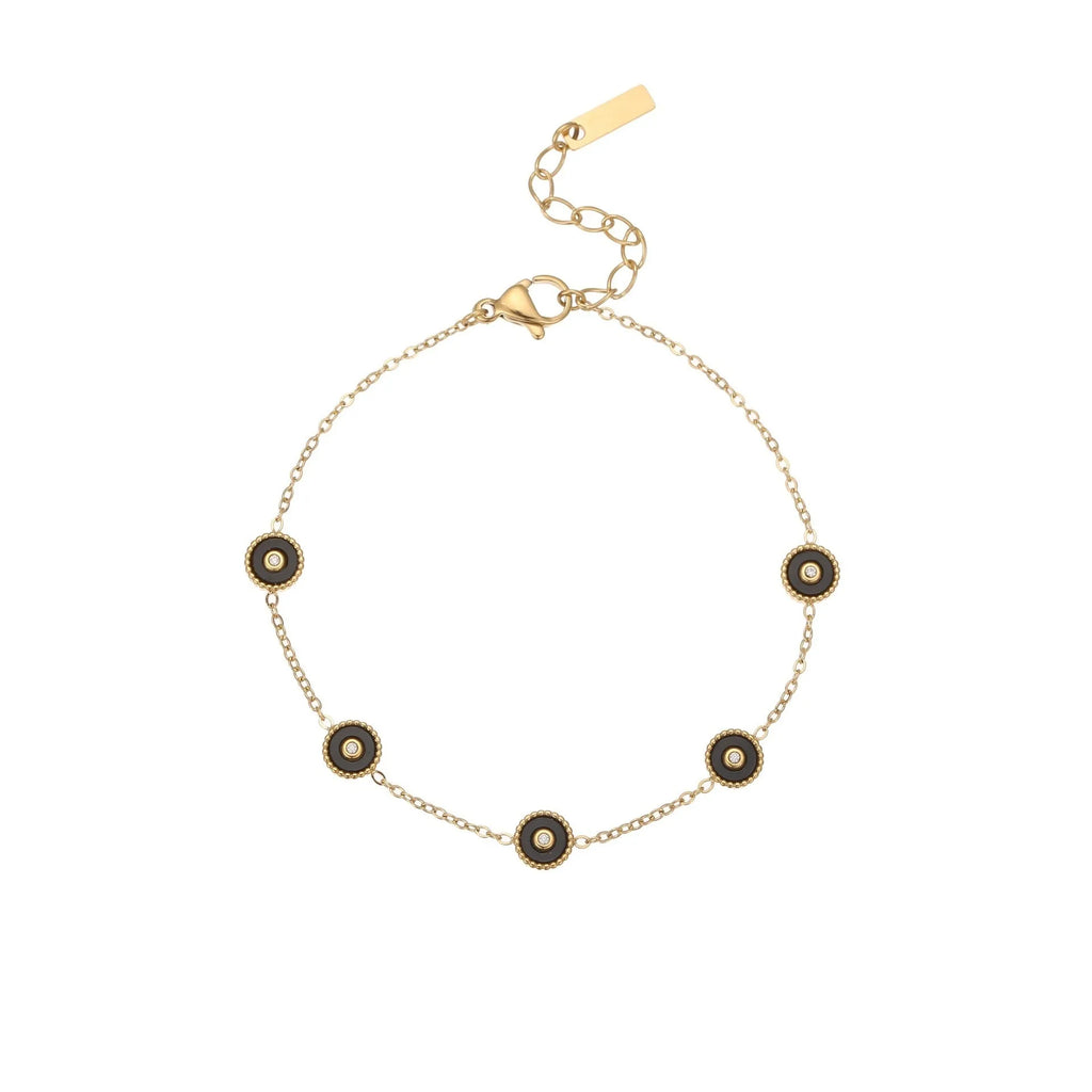 Geometric fritillary design stainless steel bracelet with 18K gold plating and matching necklace