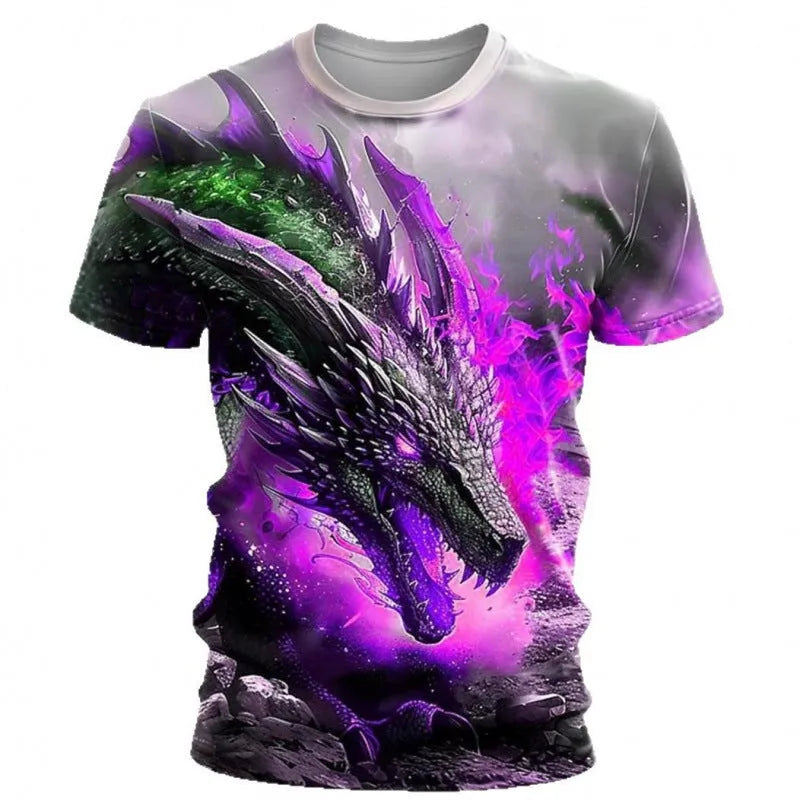 Man wearing a grey T-shirt with a large blue and white 3D Wind Dragon print across the chest.