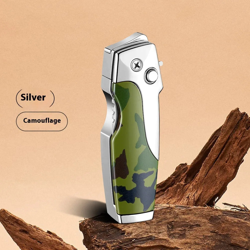 Zinc alloy folding knife and jet lighter multi-tool in black with wood grain finish, showing closed position.