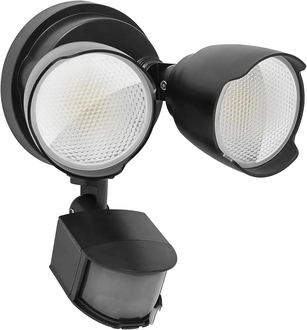 White 120V LED security flood light with infrared motion sensor for outdoor courtyard and garage installation