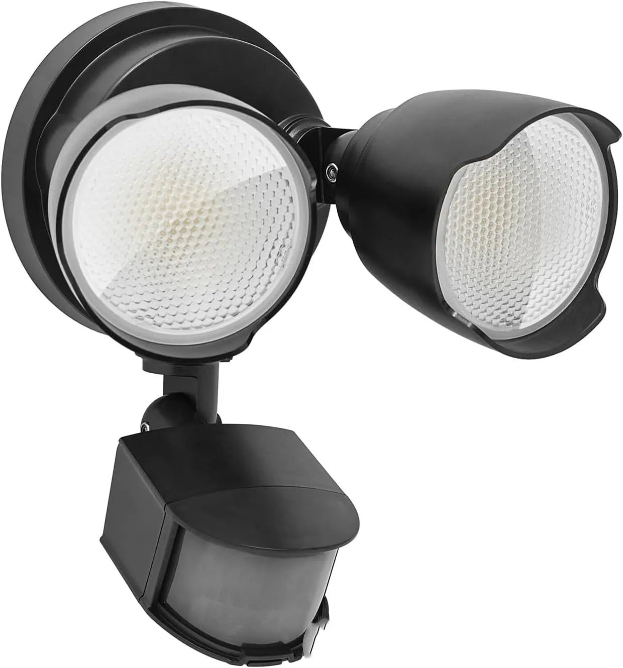 White 120V LED security flood light with infrared motion sensor for outdoor courtyard and garage installation