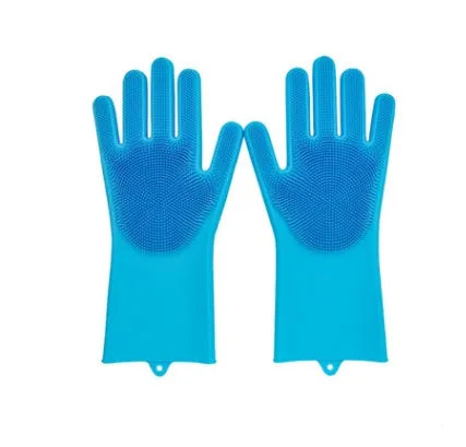 Silicone cleaning gloves with textured scrubbing surface in assorted colours
