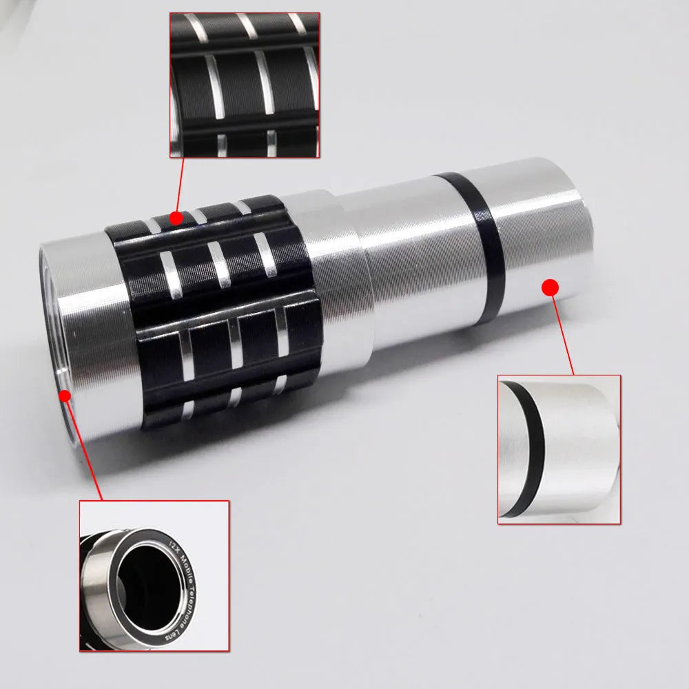 Silver telescopic lens with universal clip for attaching to smartphone for 12x zoom photography