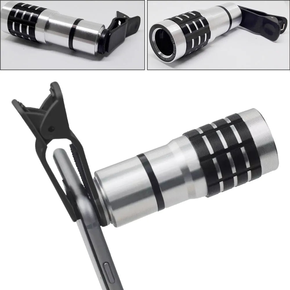 Silver telescopic lens with universal clip for attaching to smartphone for 12x zoom photography