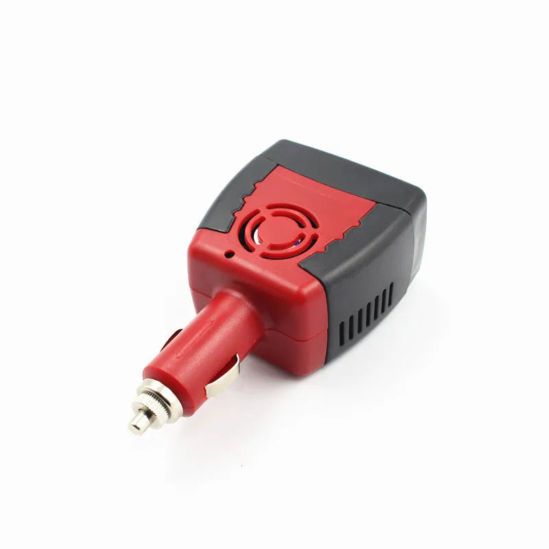 Black and red 150W car inverter with USB output, measuring 115 x 65 x 41mm