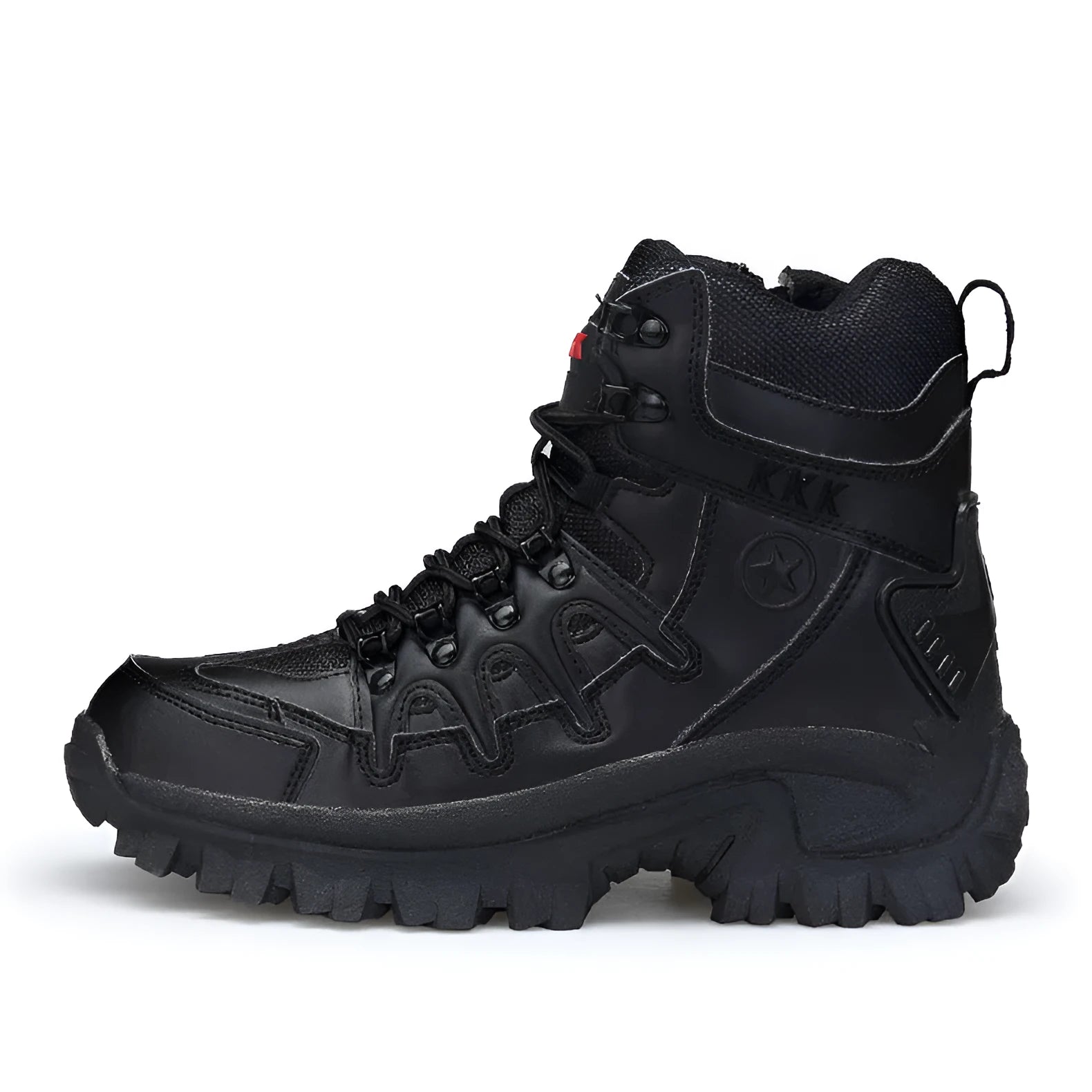 Men's black US Army Delta tactical boots with rubber sole on a rocky outdoor surface.