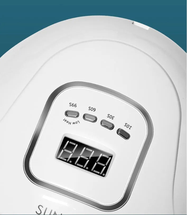 White portable gel nail lamp with 45 LED beads showing timer controls and dual UV/LED light source