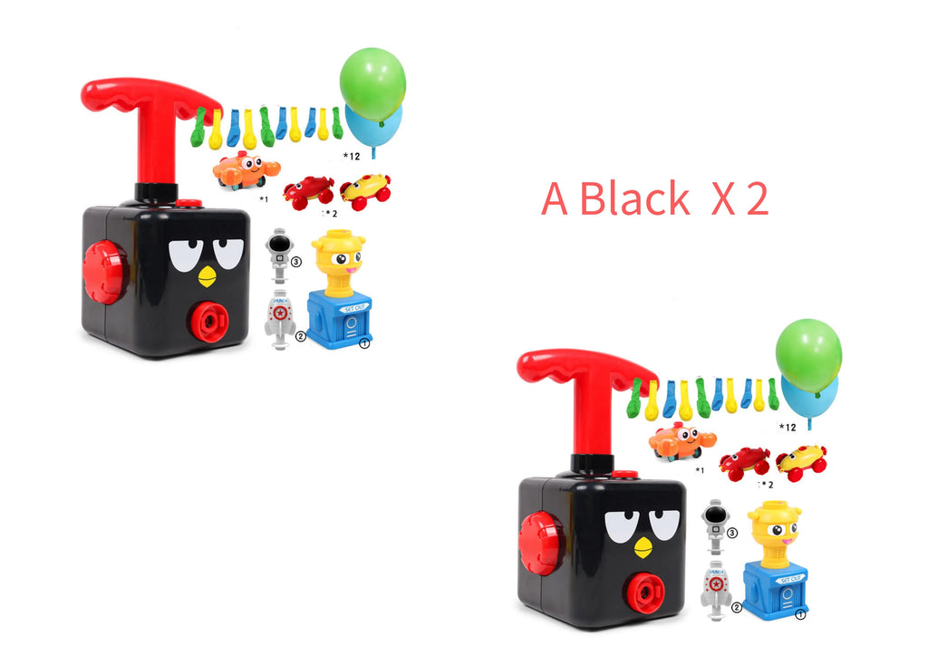 Balloon launch tower toy car with inflated balloon on a white surface