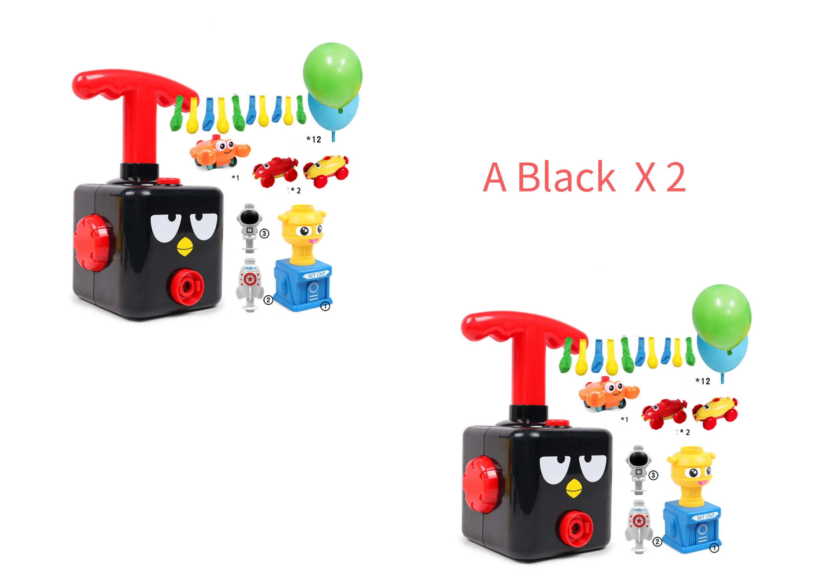 Balloon launch tower toy car with inflated balloon on a white surface