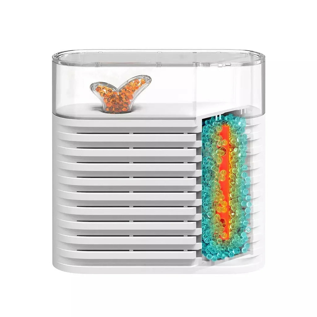 White recyclable cabinet dehumidification box with transparent top showing colour-changing silica gel beads