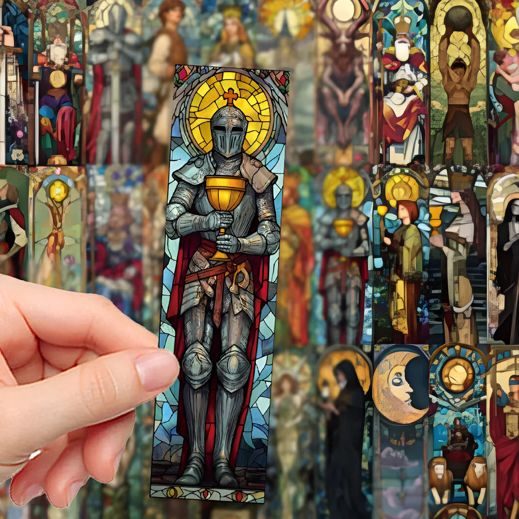 Set of 30 paper bookmarks with painted glass tarot card designs in a cute style.