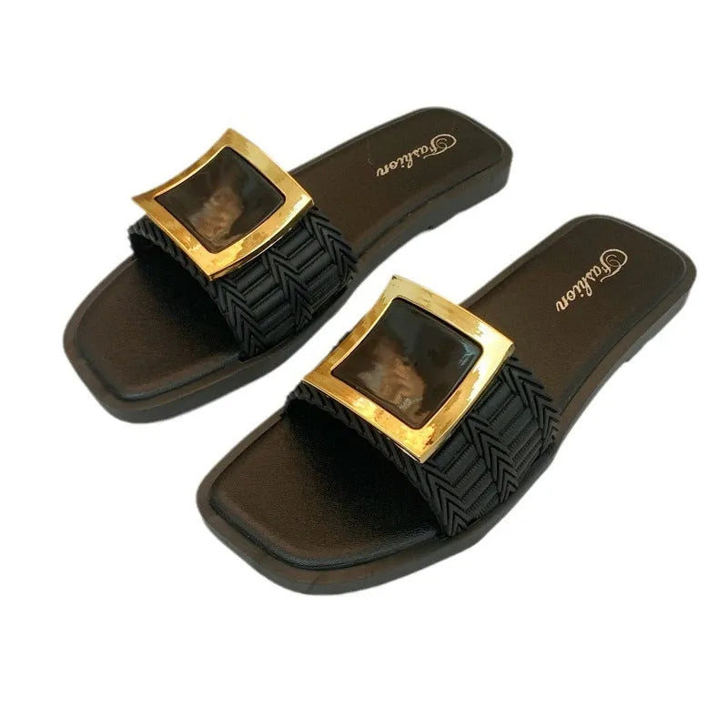Women's apricot, black, and khaki flat summer slippers with a textured PVC sole.