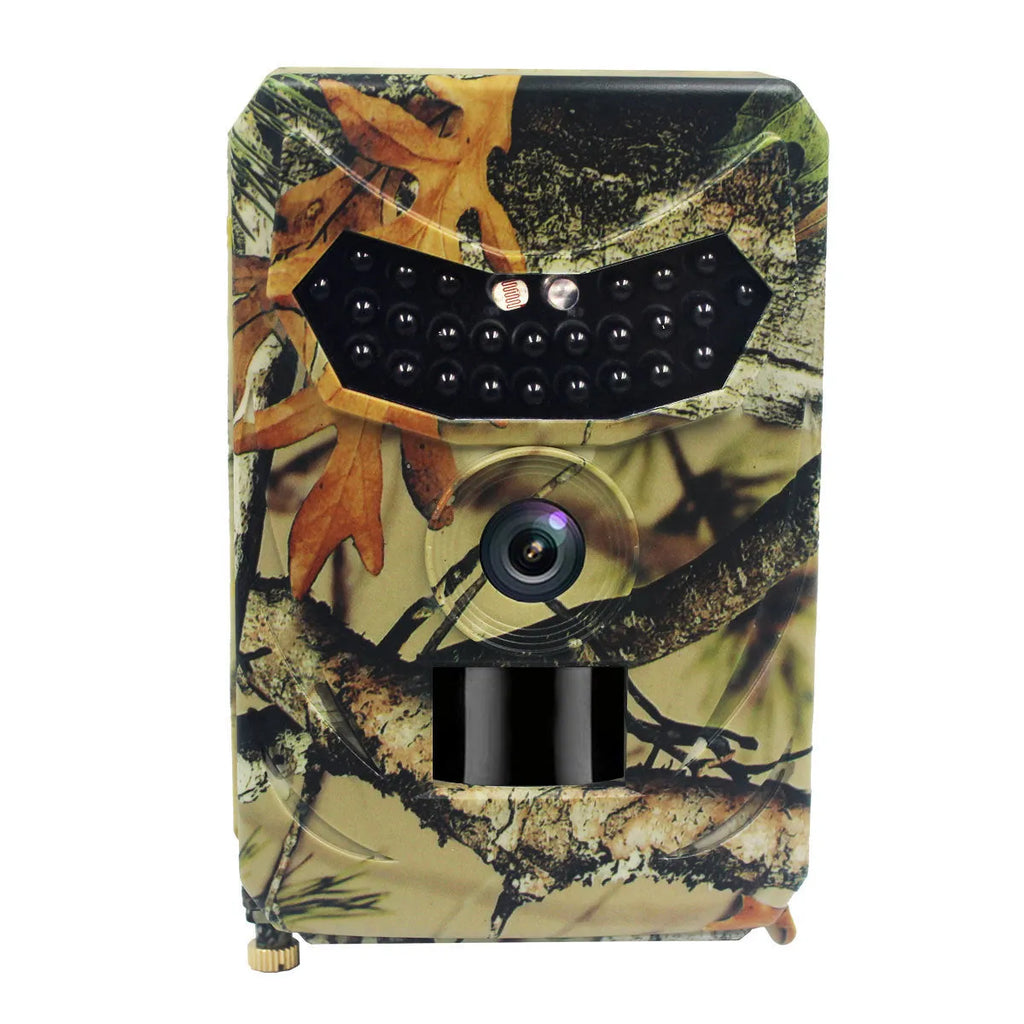 Yellow brown plastic 16MP infrared hunting scouting camera showing lens and display.