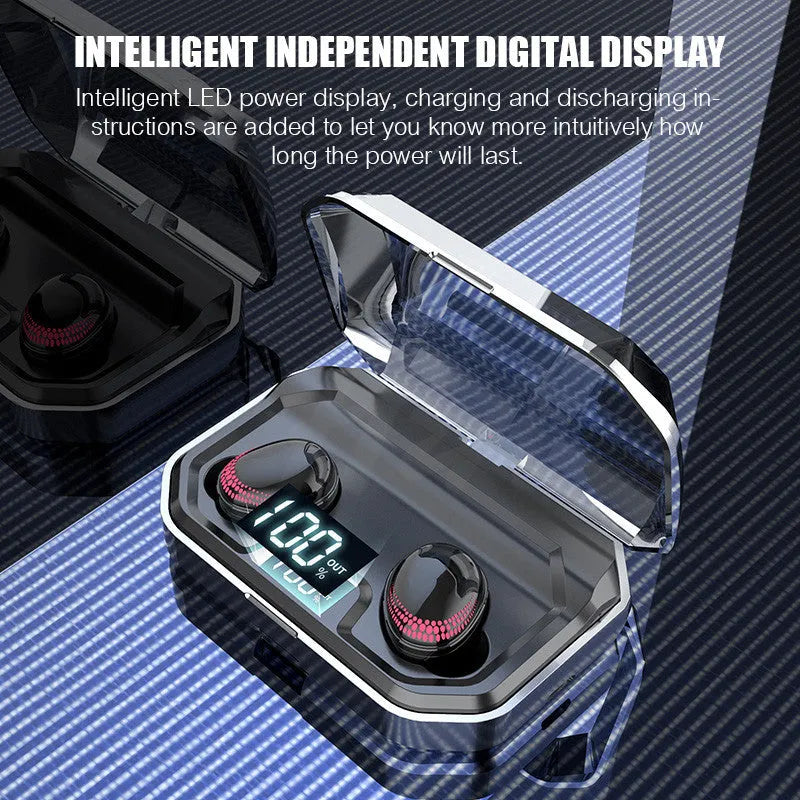 Black X10 wireless Bluetooth headset with its compact rectangular charging case.