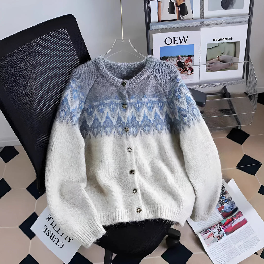 Women's Jacquard knit sweater coat with contrasting colours in loose fit