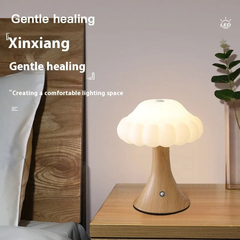 Mushroom-shaped USB rechargeable night lamp with touch control in wood grain finish