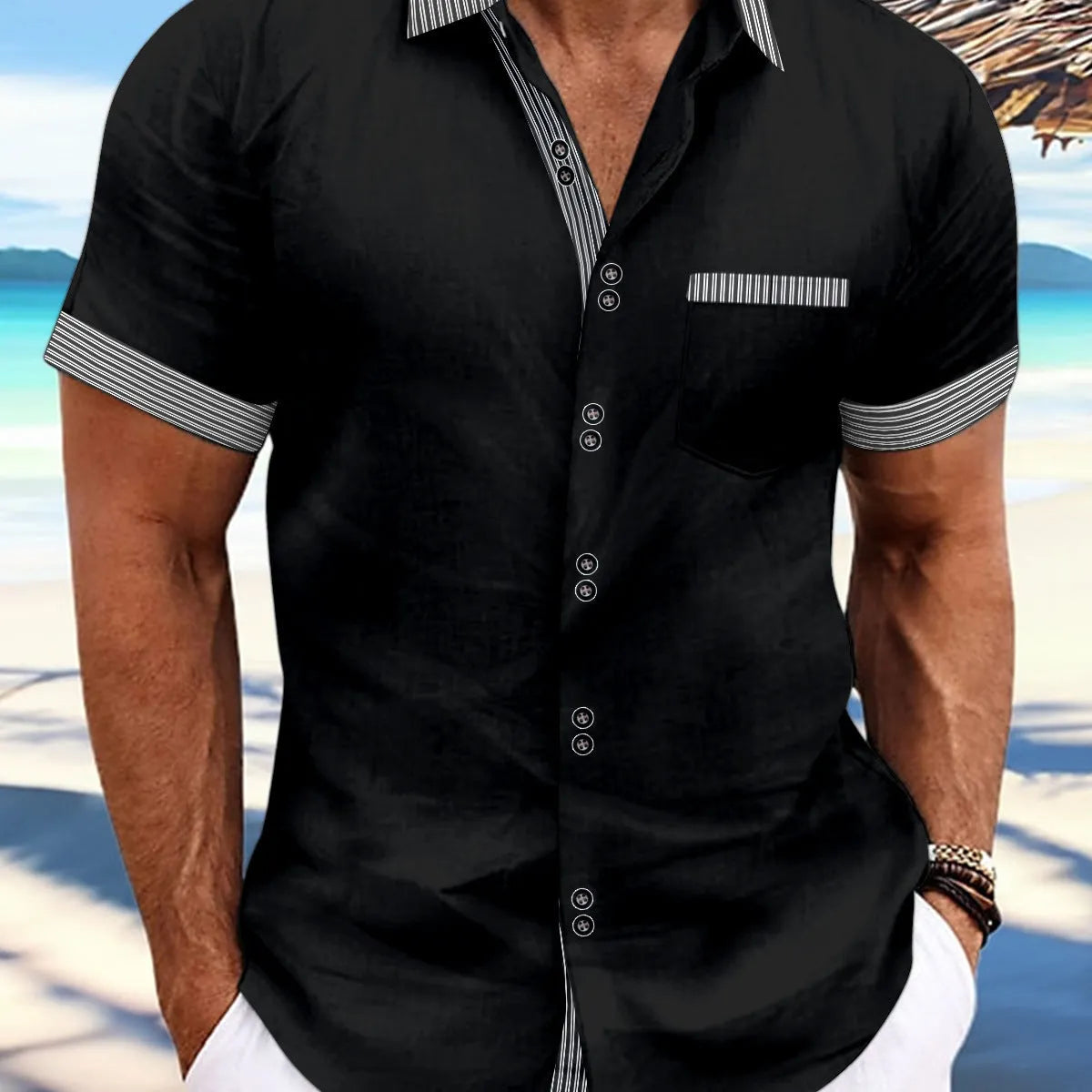 Men's slim fit striped casual shirt in pure cotton with double button short sleeves.