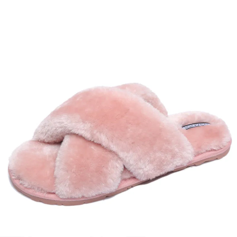 Cross open-toe fur slippers in black on a patterned non-slip sole