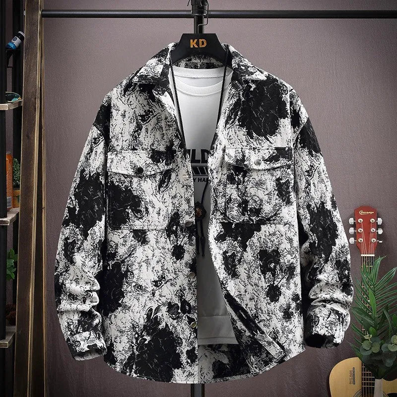 Casual lapel shirt coat in blue with long sleeves and straight hem on a hanger