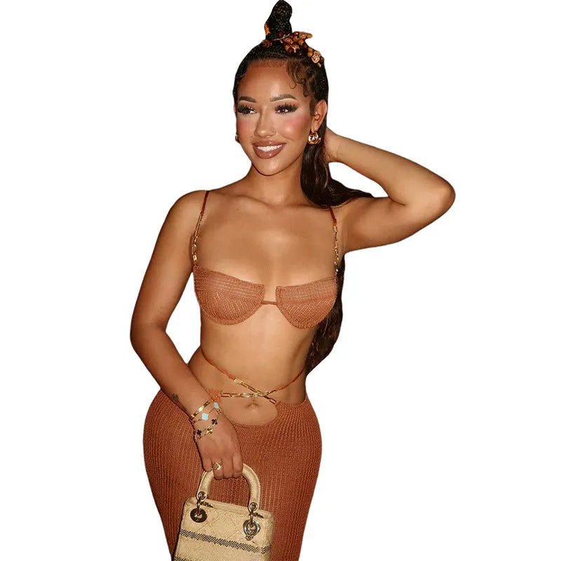 Women's see-through bikini skirt suit in black, long skirt design, polyester fabric